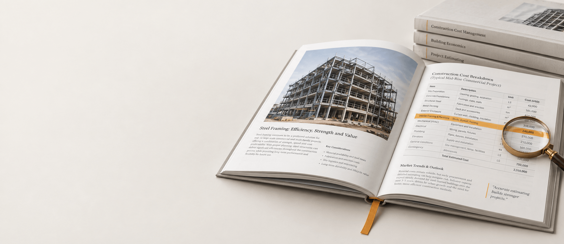 Open construction cost report with a magnifying glass