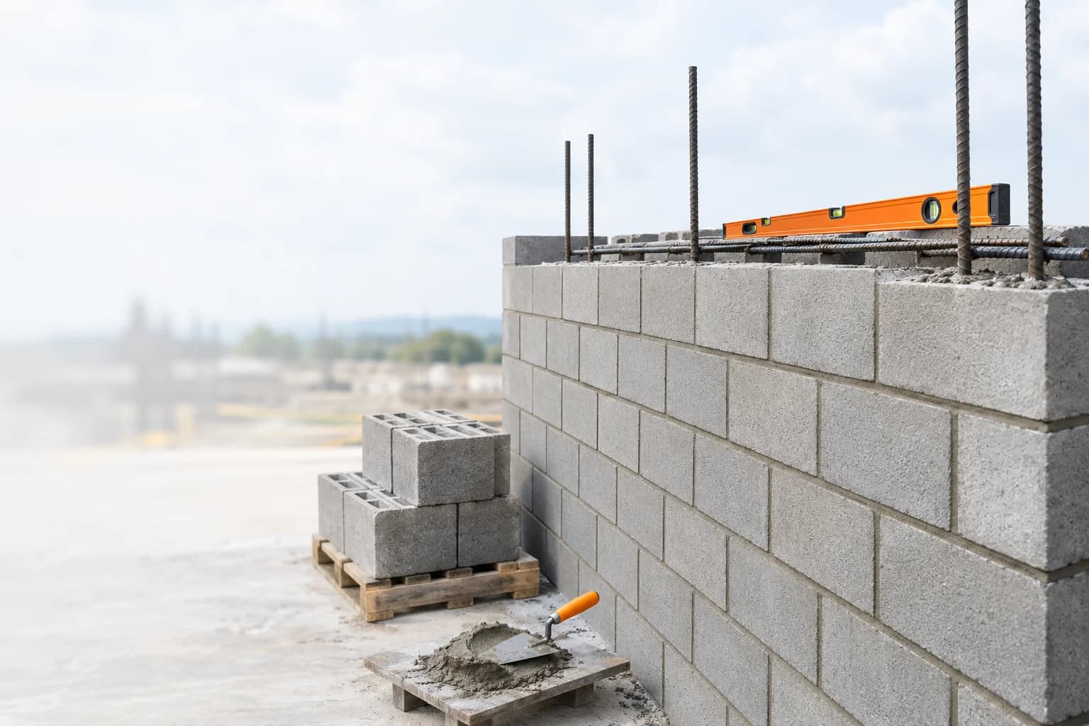 Reinforced CMU block wall with rebar in the bond beam course, a pallet of concrete blocks and a mason's level