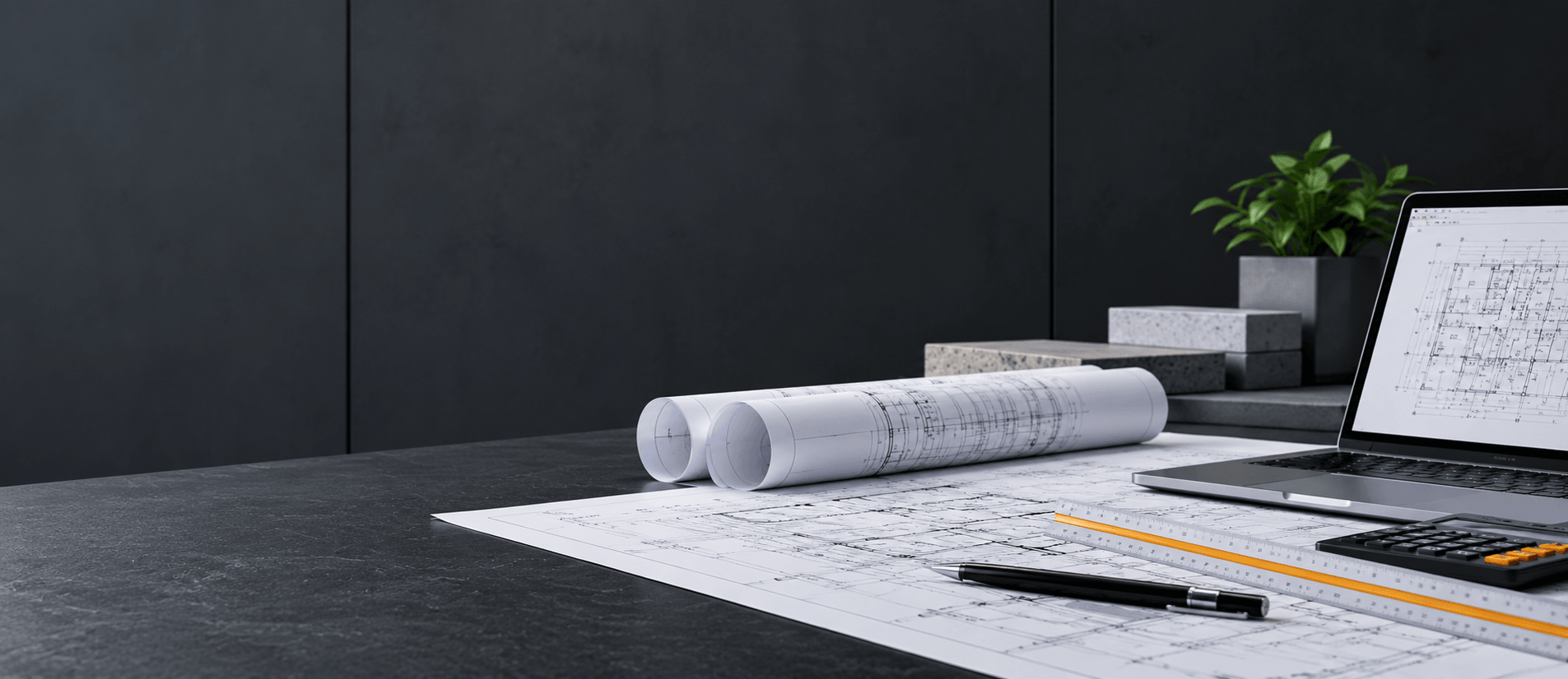 Rolled construction plans, scale ruler, calculator and laptop on an estimator's desk