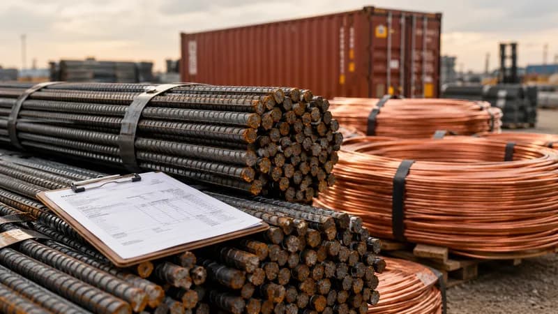 Bundled steel rebar and coils of copper wire in a contractor's material yard, with a clipboard and a shipping container