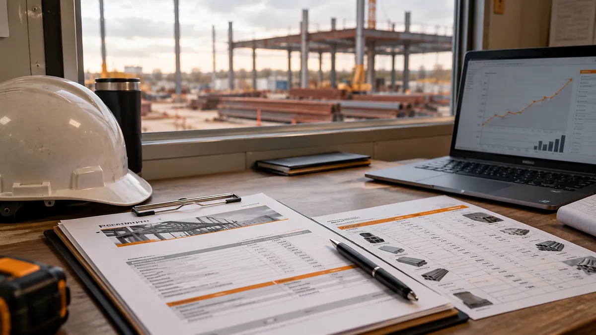Jobsite trailer desk with a subcontractor proposal, a printed material price chart, a hard hat and a laptop showing a rising graph
