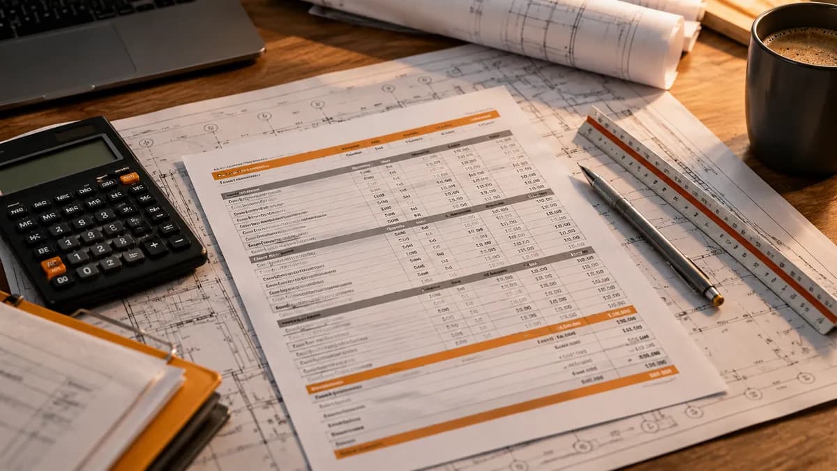 Estimator desk with a calculator, a bid summary sheet, a mechanical pencil and a scale ruler on construction plans