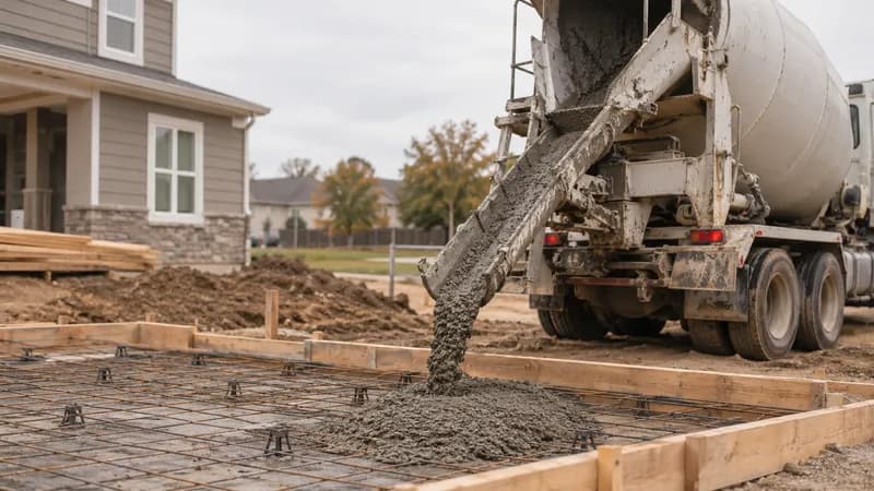 Ready-mix concrete truck discharging concrete down its chute into a small formed residential slab with wire mesh and rebar chairs