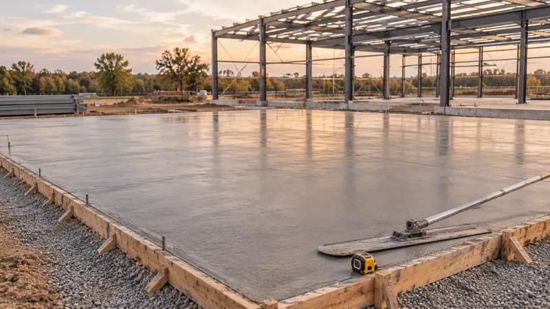 Freshly troweled concrete shop slab with edge forms, a gravel base, a bull float and a tape measure, with a steel building frame behind