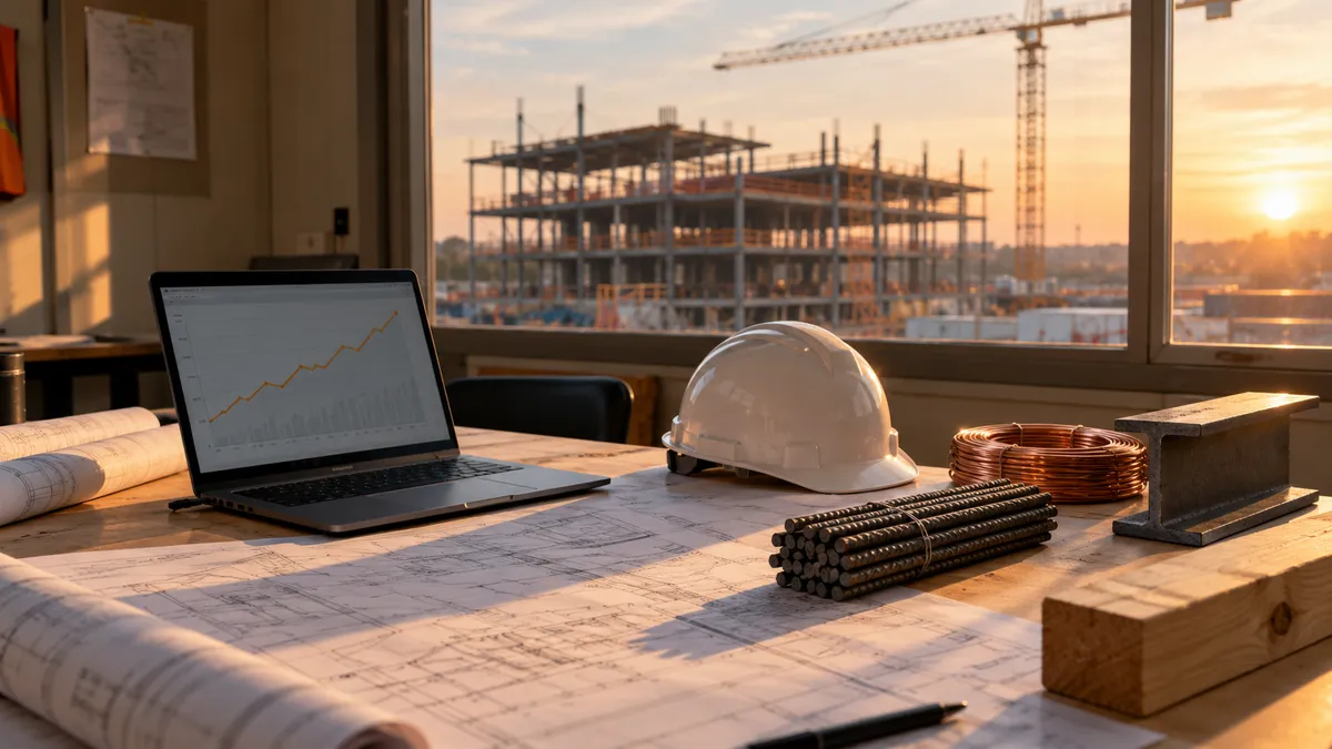 Estimator's desk with construction drawings, laptop showing rising cost chart, hard hat, rebar, copper wire, steel beam and lumber, with a steel-frame building and tower crane at sunset
